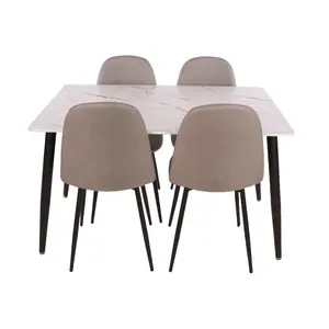 White marble effect Table and four chair set, rectangular table 120cm x 80cm with four grey upholstered chairs