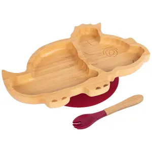 Bamboo Dinosaur Baby Weaning Plate & Fork Set - Red