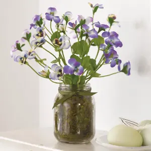 Artificial Wood Nymph Arrangement in Glass Vase - Faux Fake Realistic Purple Viola Flower Home Decoration - Measures H26 x W20cm