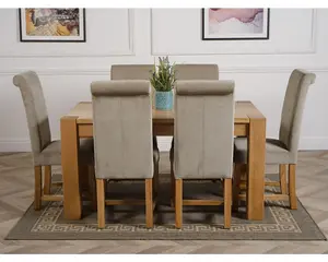 Kuba 150 x 85 cm Chunky Medium Oak Dining Table and 6 Chairs Dining Set with Washington Grey Fabric Chairs