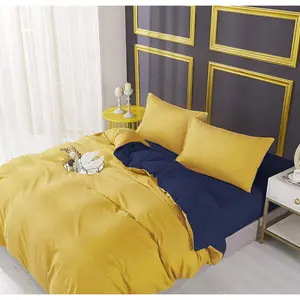 Microfiber Solid Colour Duvet Cover Set with Pillowcases Mustard/Navy / Double - 2 Standard Pillowcases