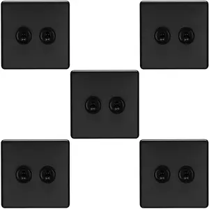 5 PACK 2 Gang Double Retro Toggle Light Switch SCREWLESS MATT BLACK 10A 2 Way