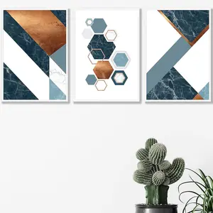 Set of 3 Abstract Mid Century Teal Orange Geometric Wall Art Prints / 42x59cm (A2) / White Frame