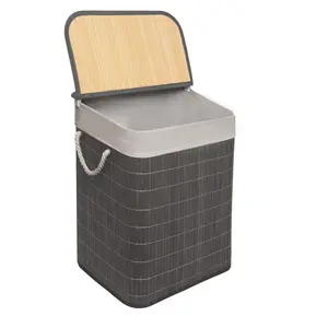 MantraRaj Bamboo Laundry Bin with Handles 65L Square Hamper Basket with Removable Liner (Grey)