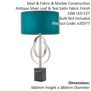 Antique Silver Table Lamp & Teal Satin Shade - Black Marble Base Desk Light