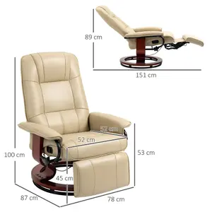 HOMCOM Ergonomic Office Recliner Sofa Chair PU Leather Armchair Lounger Cream