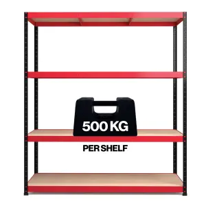 RB BOSS Garage Shelving Unit 4 Shelf MDF Red & Black Powder Coated Steel (H)1800mm (W)1600mm (D)600mm