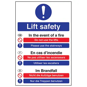 Lift Safety Multi Language Sign - Rigid Plastic 150x200mm (x3)