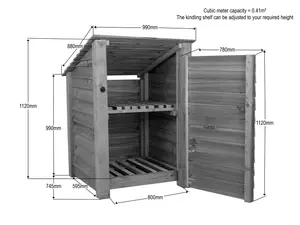 Wooden log store (roof sloping back) with door and kindling shelf W-99cm, H-126cm, D-88cm - natural (light green) finish