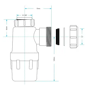 SPARES2GO Waste Bottle Trap 40mm 1-1/2" Basin Bidet Urinal Bathroom Kitchen Sink 75mm Seal