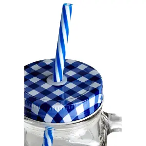 Interiors by Premier Versatile Embossed Coloured Mason Jar Mug With Blue Gingham Lid, Embossed Glass Bottle With Metal Lid