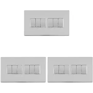 3 PACK 6 Gang Multi Light Switch SCREWLESS POLISHED CHROME 2 Way 10A Rocker