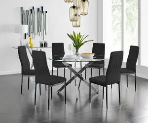 Furniturebox UK Novara 120cm Round Dining Table and 6 Black Velvet Milan Black Leg Chairs