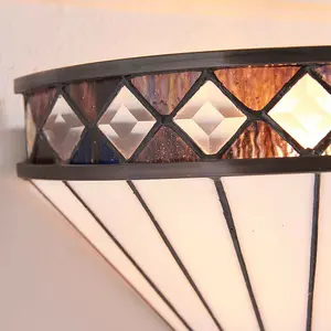 Tiffany Glass Wall Light Rich Cream & Diamond Trim Shade Interior Sconce i00247