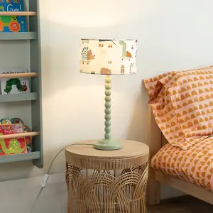 Sage Green Bobbin Stem Table Lamp with Cartoon Dino Drum Shade for Living Room Bedroom