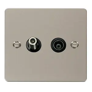 Flat Plate Pearl Nickel Satellite And Isolated Coaxial 1 Gang Socket - Black Trim - SE Home