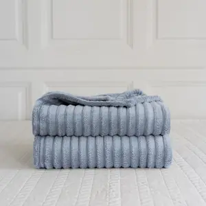 Chunky Ribbed Cord Faux Fur Velvet Touch Sofa Bed Throwover Soft touch Blanket Silver  (200 x 240CM)