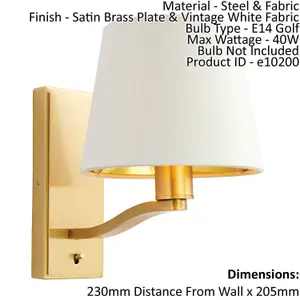 Wall Light Satin Brass Plate & Vintage White Fabric 40W E14 Dimmable