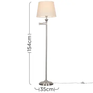 ValueLights Sinatra Adjustable Swing Arm Floor Lamp In Brushed Chrome Finish with Beige Light Shade