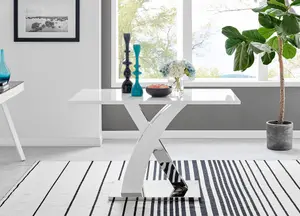 Atlanta White High Gloss and Chrome 4 Seater Dining Table with Statement X Shaped Legs and 4 White Faux Leather Milan Chairs