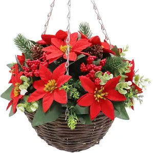 Best Artificial 28cm Red Poinsettia Christmas Hanging Basket - Suitable for Outdoor Use - Weather & Fade Resistant