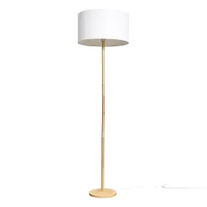 ValueLights Triston Single Stem Natural Light Wood Floor Lamp with White Drum Shade