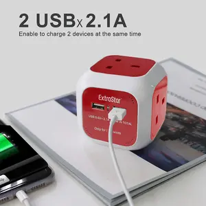 EXTRASTAR Rubik Power Cube 4 Ways Sockets 2 x USB 5V 1.5m  Red 13A extension lead