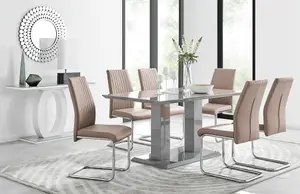 Imperia Grey High Gloss 6 Seater Dining Table with Structural 2 Plinth Column Legs 6 Beige Faux Leather Lorenzo Cantilever Chairs