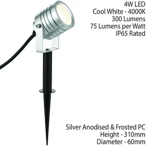 Silver IP65 Outdoor Ground Spike Lamp Lawn Wall & Sign Light 4W Cool White LED