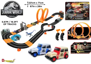 Jurassic World Electric Race Car Track Set 841006JW Mega Predator Pursuit - 5.9M Track 2 Player Car Slot Race Set Kids Toys