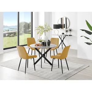 Tierra Modern Chrome Metal & Glass Round Dining Table Set with 4 Luxury Velvet Dining Chairs Black / Mustard/Black / 75 x 100 x 100cm