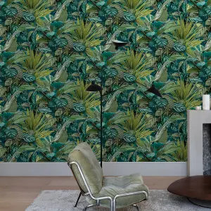 Grandeco Painted Leaves Tropical Vista Wallpaper, Green Teal