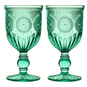 Set of 2 Vintage Luxury Turquoise Embossed Drinking Wine Glass Wine Goblets 290ml