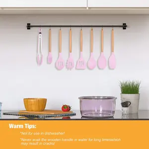 Silicone Cooking Utensils Kitchen Utensil Set, 12 Pieces Natural Wooden Handles Cooking Tool BPA Free Non Toxic Silicone Turner Tongs Spatula Spoon Kitchen Gadgets Utensil Set (Purple) Pink