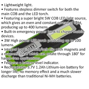 Rechargeable Inspection Light with Power Bank - 5W COB & 3W SMD LED - Green