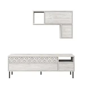 Decortie Heaton Modern TV Unit Ancient White with Storage and Wall Shelf 144.6cm