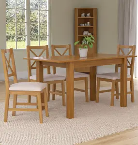 Hallowood Furniture Camberley Oak Butterfly Extending Dining Table with 4 Cross Back Chairs in Beige Fabric Seats