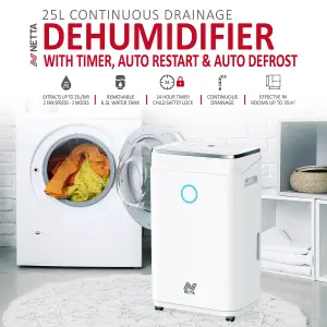 NETTA 25L Low Energy Dehumidifier with Continuous Drainage and Timer - Ideal for Damp, Condensation and Laundry Drying