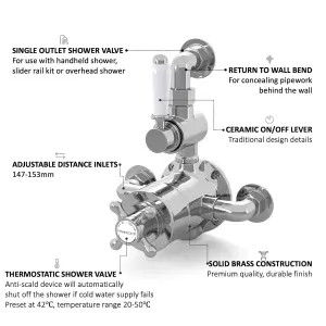 ENKI Downton Chrome White Traditional Brass Thermostatic Twin Shower Valve with Return to Wall Bend T103