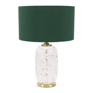 ValueLights India Gold Metal and White Confetti Glass Table Lamp with Forest Green Drum Lampshade - LED Bulb Included