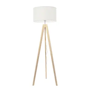 ValueLights Jackson Natural Wood Tripod Floor Lamp with White Fabric Lamp Shade