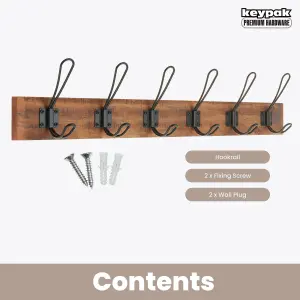 keypak Rustic Wall Mounted Coat Rack, Vintage Double Wire Coat Hooks on Wooden Base, Fixings Included (6 Hooks, Antique Finish)