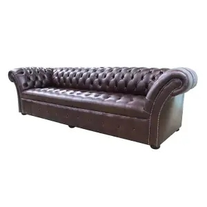 Chesterfield 4 Seater Sofa Buttoned Seat Old English Dark Brown Leather In Balmoral Style