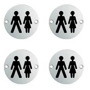 4x Bathroom Door Unisex Symbol Sign 64mm Fixing Centres 76mm Dia Polished Steel