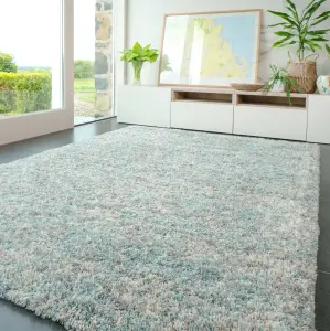 Super Soft Mottled Tonal Duck Egg & Grey Shaggy Area Rug 80x150cm