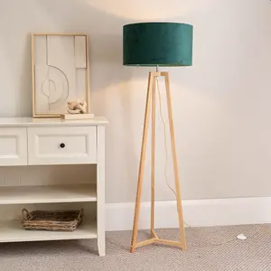 ValueLights Lottie Natural Wood Tripod Floor Lamp with Forest Green Velvet Drum Shade - LED Bulb Included