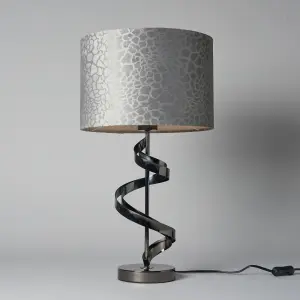 Litecraft Spiral Black Table Lamp with Grey Giraffe Flock Shade