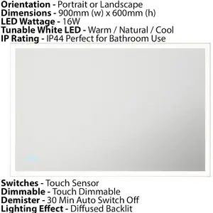 600 x 900mm IP44 LED Bathroom Mirror & Demister - Tunable White Diffused Border