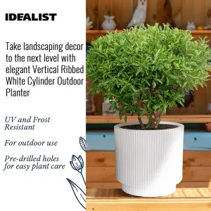 IDEALIST 30cm Round Planter with Drainage Holes, Ribbed White Reinforced Stone Cylinder Outdoor Plant Pot D30 H30 cm, 16L