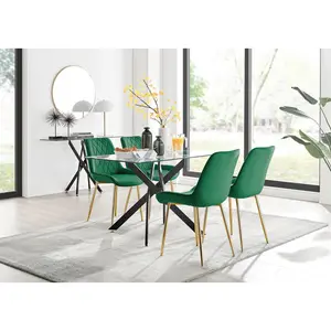 Lenworth Glass Rectangular Dining Table Set with 4 Luxury Velvet Chairs Green/Gold / Black